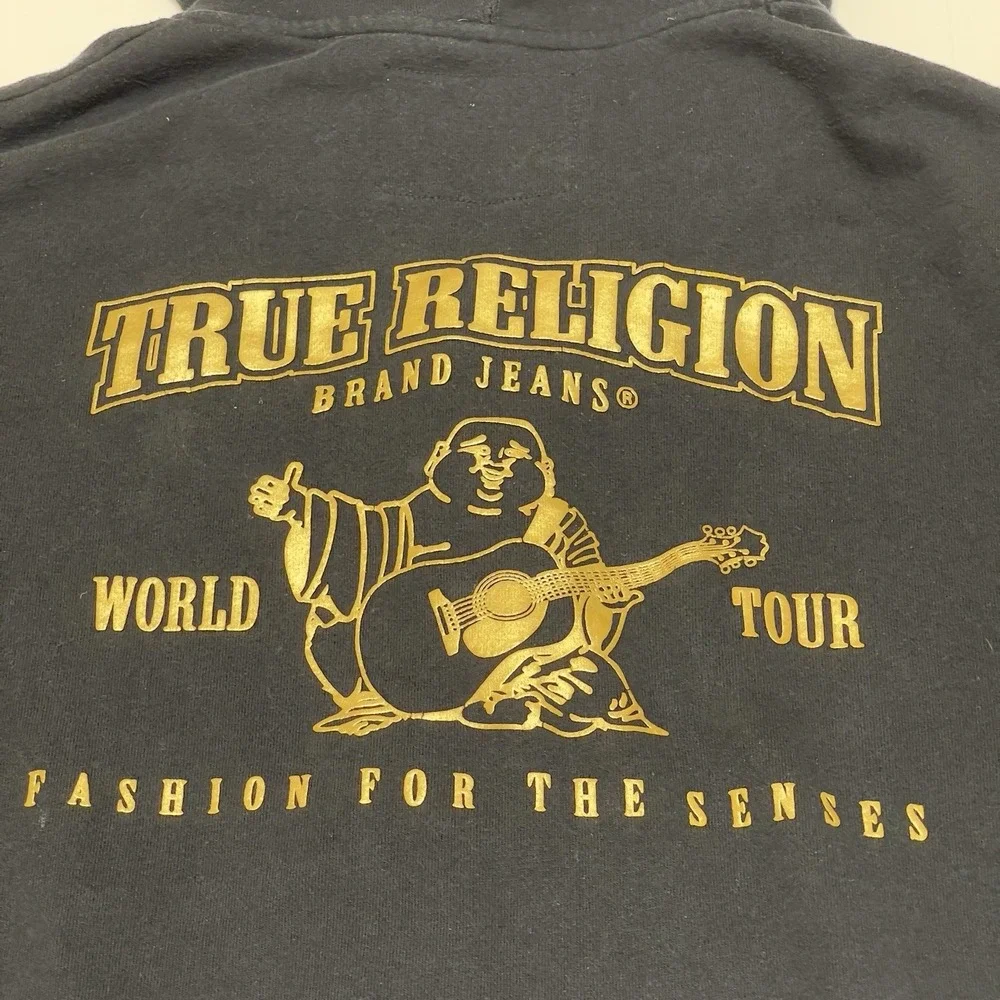 True Religion Jacket Hoodie Men Medium Black Metallic Gold Double Puff Full Zip
